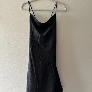 Women's FashionNova Satin Mini Dress - L Black - Open Back with Bow Detail - NWT